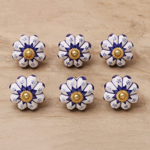 Six Ceramic Floral Knobs in Blue and White from India, 'Lapis Flowers'