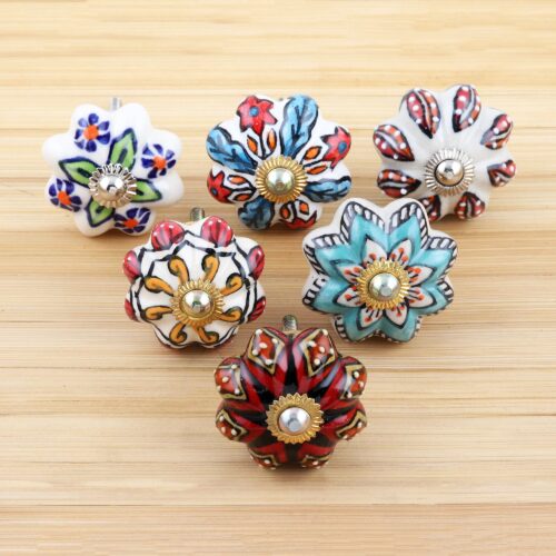 Six Unique Colorful Ceramic Flower Knobs, 'Bohemian Bouquet'