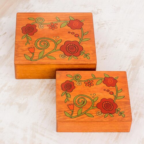 Square Pinewood Red-Orange Flowers Decorative Boxes (Pair), 'Glorious Garden'