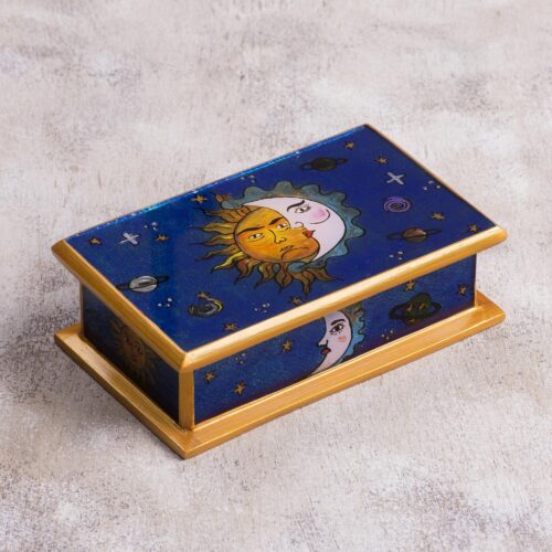 Sun-Themed Reverse Painted Glass Decorative Box from Peru, 'Solar Love'