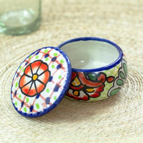 Talavera-Style Decorative Ceramic Box, 'Hidalgo Bouquet'