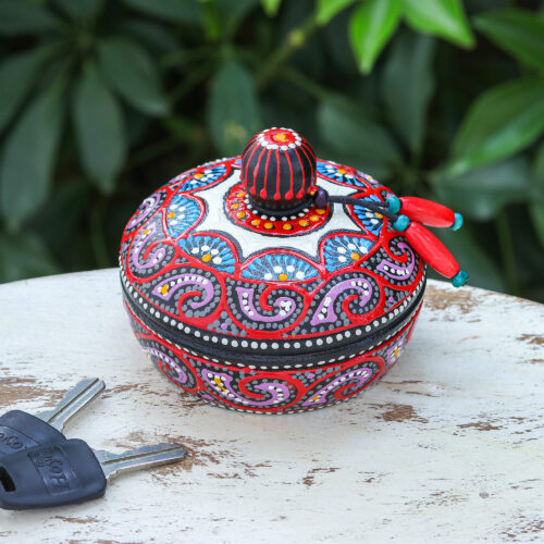 Traditional Thai Mango Wood Decorative Box in Red and Purple, 'Floral Marvel in Purple'