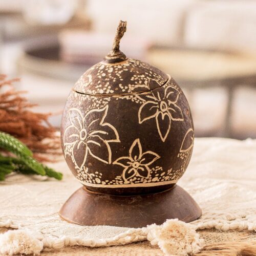 Tropical Floral Handmade Round Dried Gourd Decorative Accent, 'Caribbean Flowers'