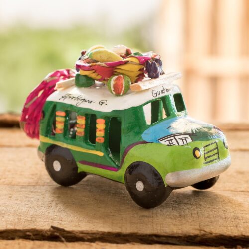 Two Tone Green Ceramic Bus Figurine from Guatemala, 'Green Old Time Bus'