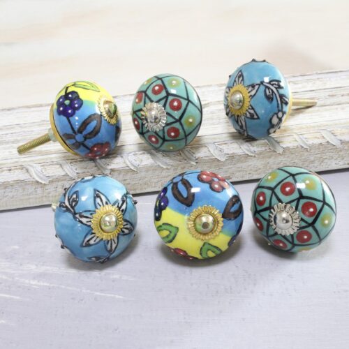 Vibrant Floral Ceramic Knobs from India (Set of 6), 'Charming Globes'
