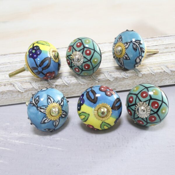 Vibrant Floral Ceramic Knobs from India (Set of 6), 'Charming Globes'