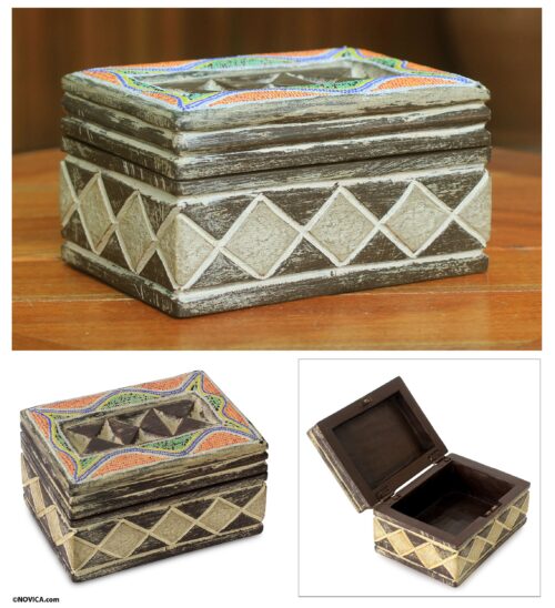 West African Beaded Wood Jewelry Box, 'Ghana Tradition'