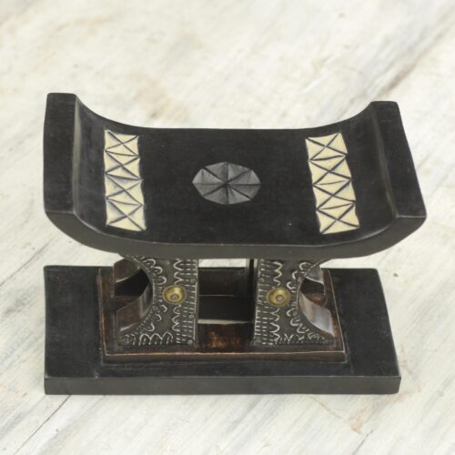 Wood and Aluminum Miniature Decorative Stool in Black, 'African Legend in Black'