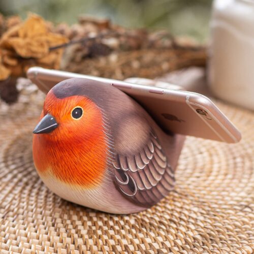 Wood Bird Cell Phone Stand Carved and Painted by Hand, 'Robin's Call'
