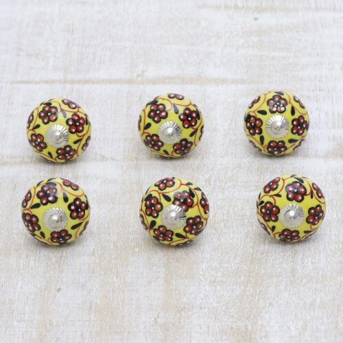 Yellow and Red Floral Ceramic Cabinet Knobs (Set of 6), 'Flower Bed'