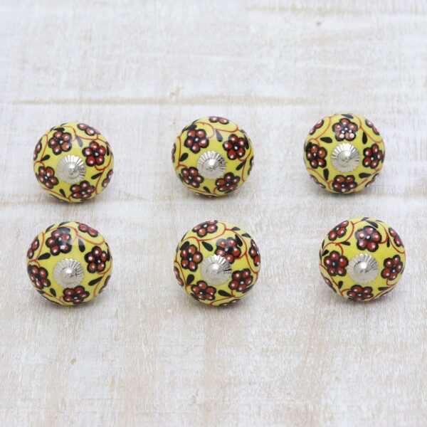 Yellow and Red Floral Ceramic Cabinet Knobs (Set of 6), 'Flower Bed'